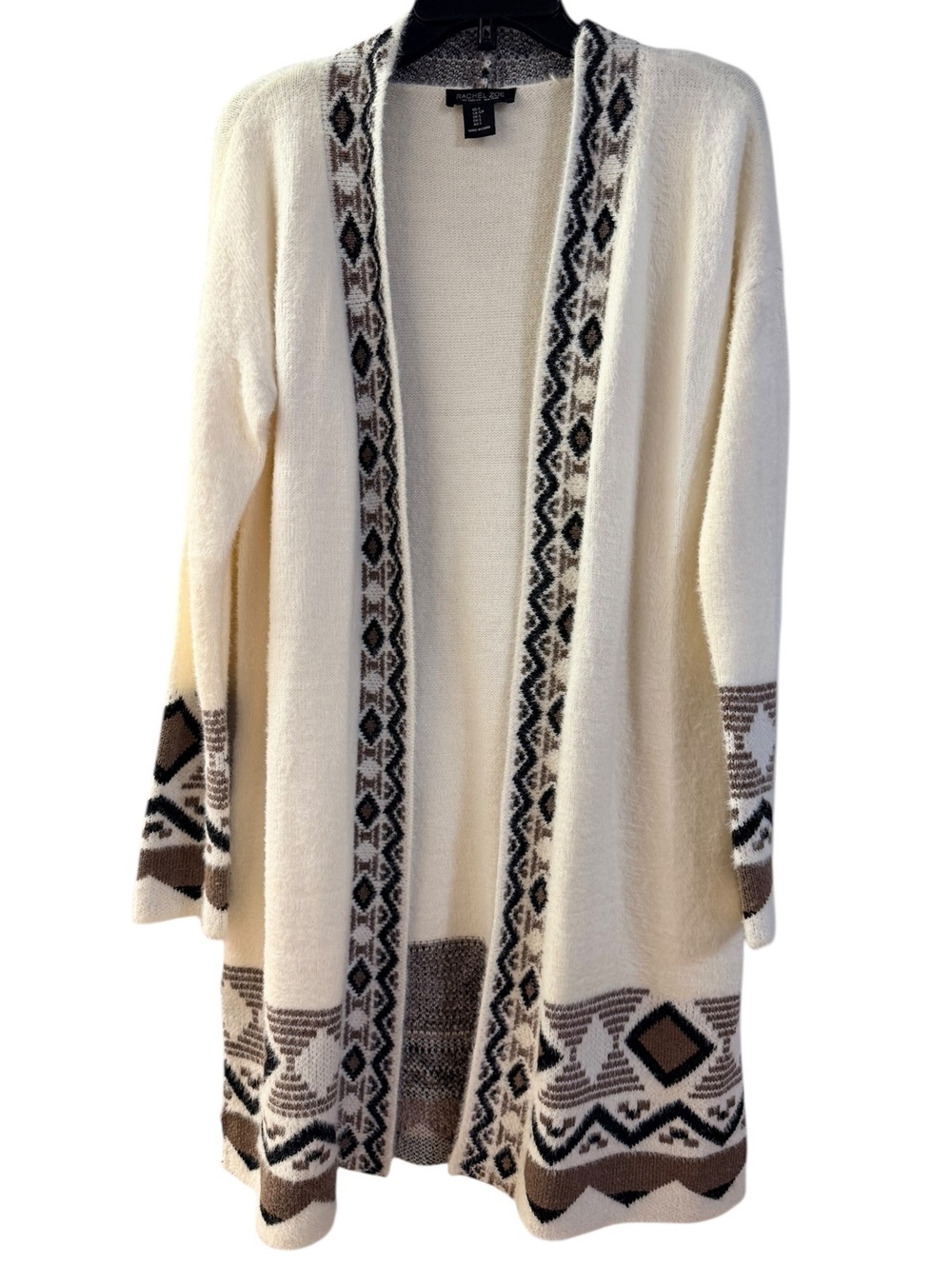Rachel Zoe Cream and Brown Patterned Open Front Cardigan Sweater Size S